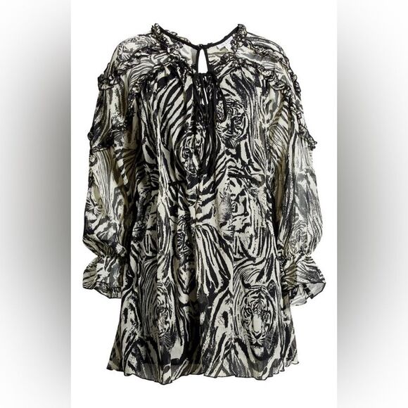 Topshop Size 10 ruffle v neck mini dress in tiger print Black and White - Picture 1 of 9